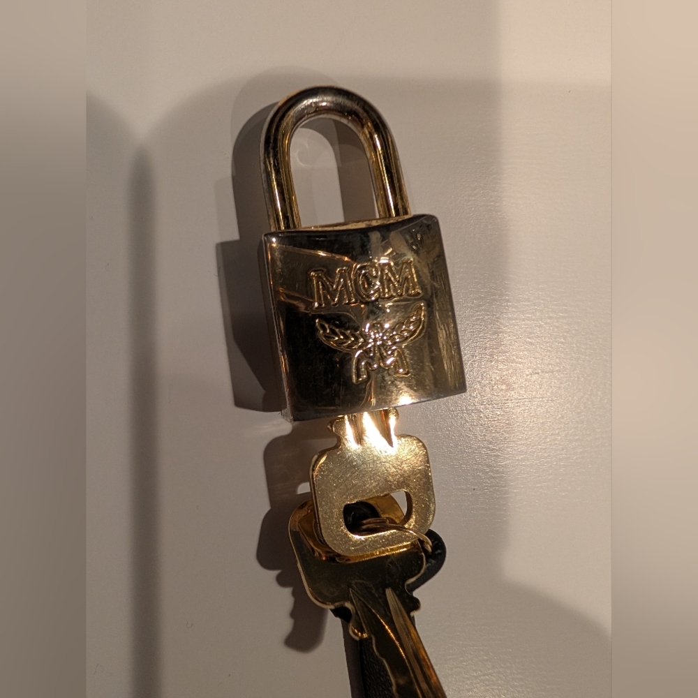 MCM Gold Padlock and Two Keys On Brown Leather Lanyard